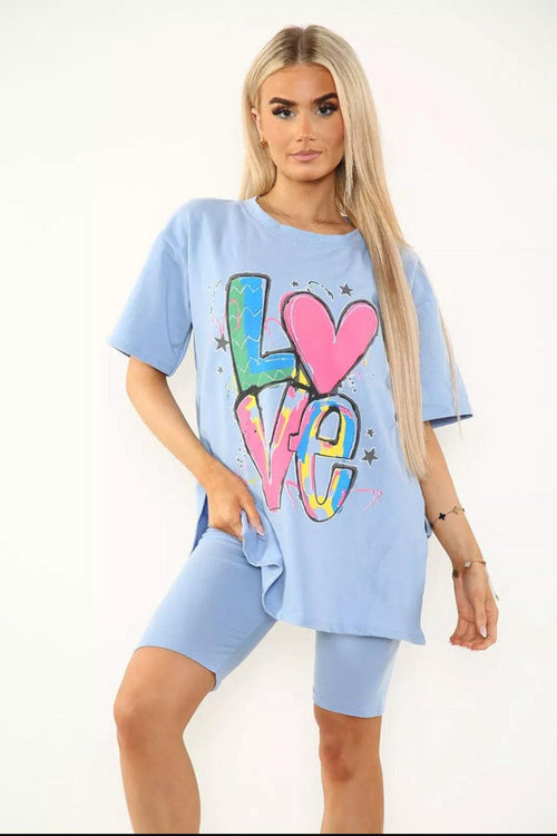 Love Side Slit Cycling Short and T-Shirts Co-Ord Two Piece Set with