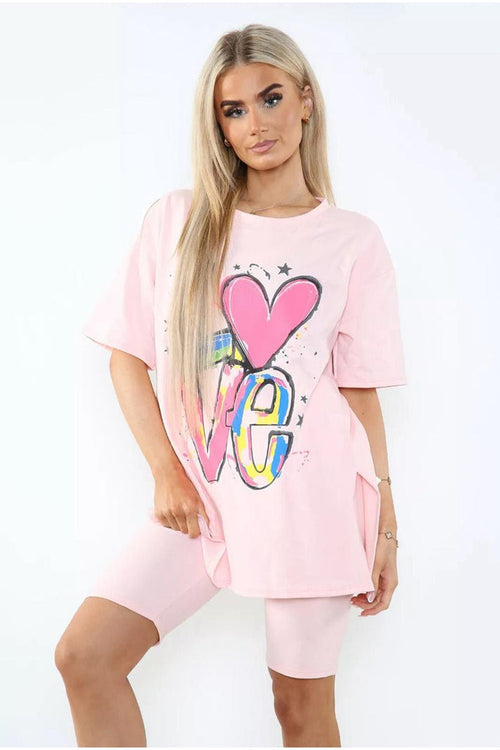 Love Side Slit Cycling Short and T-Shirts Co-Ord Two Piece Set with