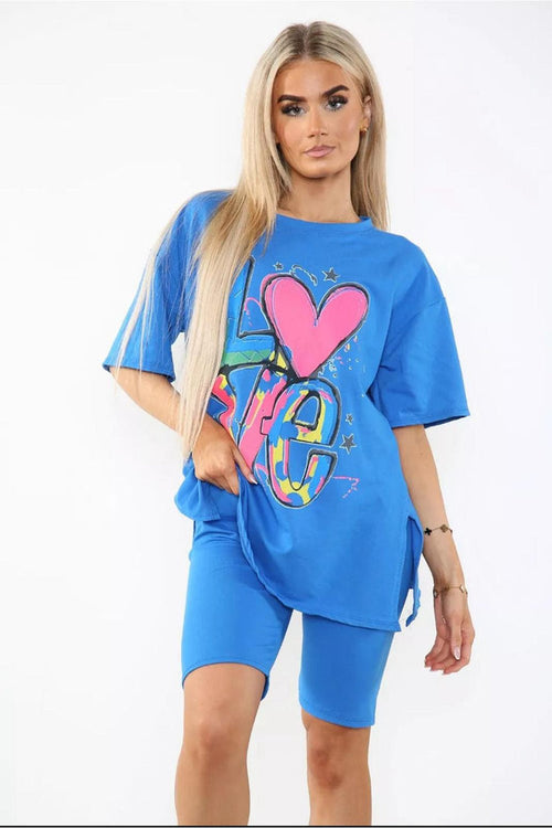 Love Side Slit Cycling Short and T-Shirts Co-Ord Two Piece Set with