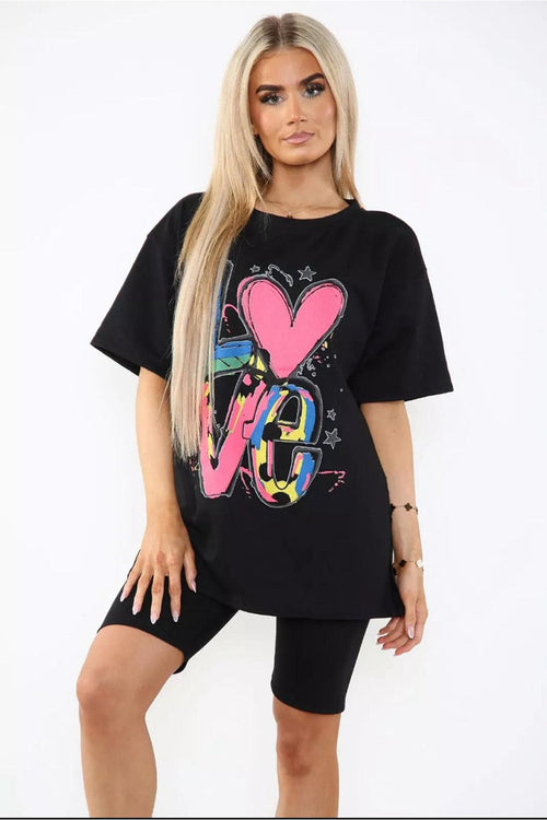 Love Side Slit Cycling Short and T-Shirts Co-Ord Two Piece Set with