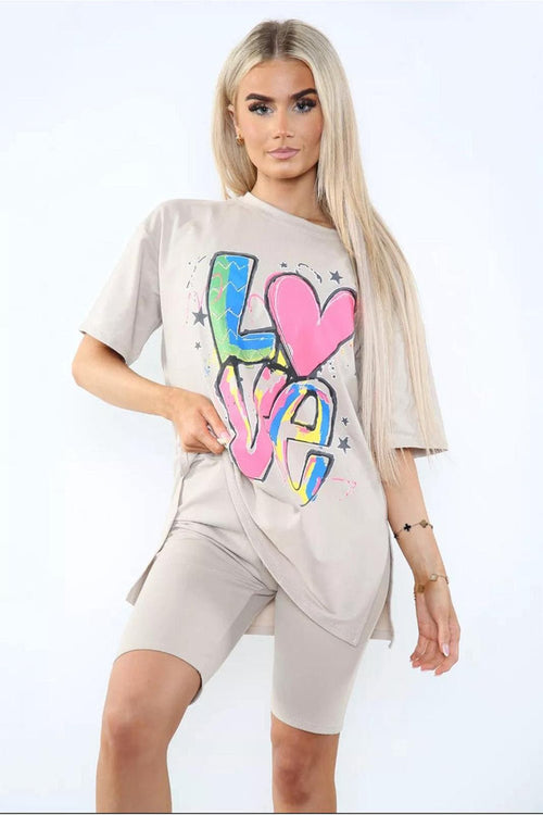 Love Side Slit Cycling Short and T-Shirts Co-Ord Two Piece Set with