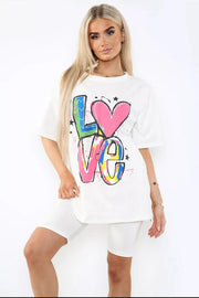 Love Side Slit Cycling Short and T-Shirts Co-Ord Two Piece Set with