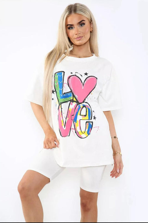 Love Side Slit Cycling Short and T-Shirts Co-Ord Two Piece Set with