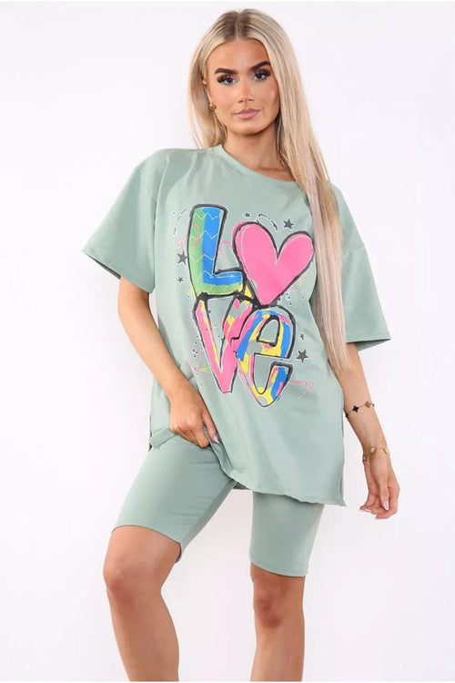 Love Side Slit Cycling Short and T-Shirts Co-Ord Two Piece Set with