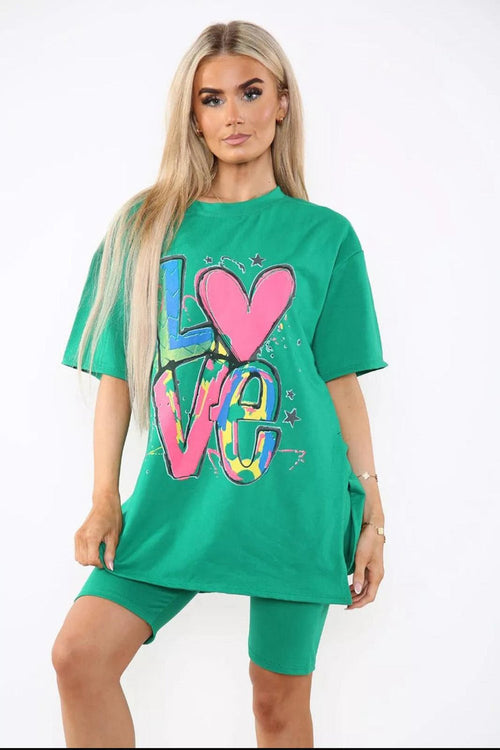 Love Side Slit Cycling Short and T-Shirts Co-Ord Two Piece Set with