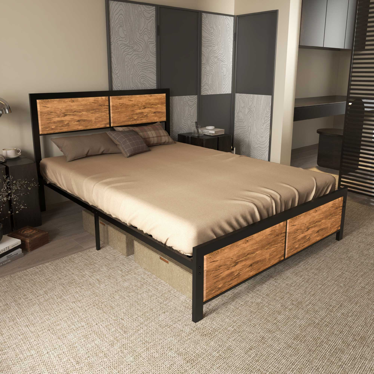 Double Size Bed Frame Steel Bed Base with Headboard 147 x 197cm Brown