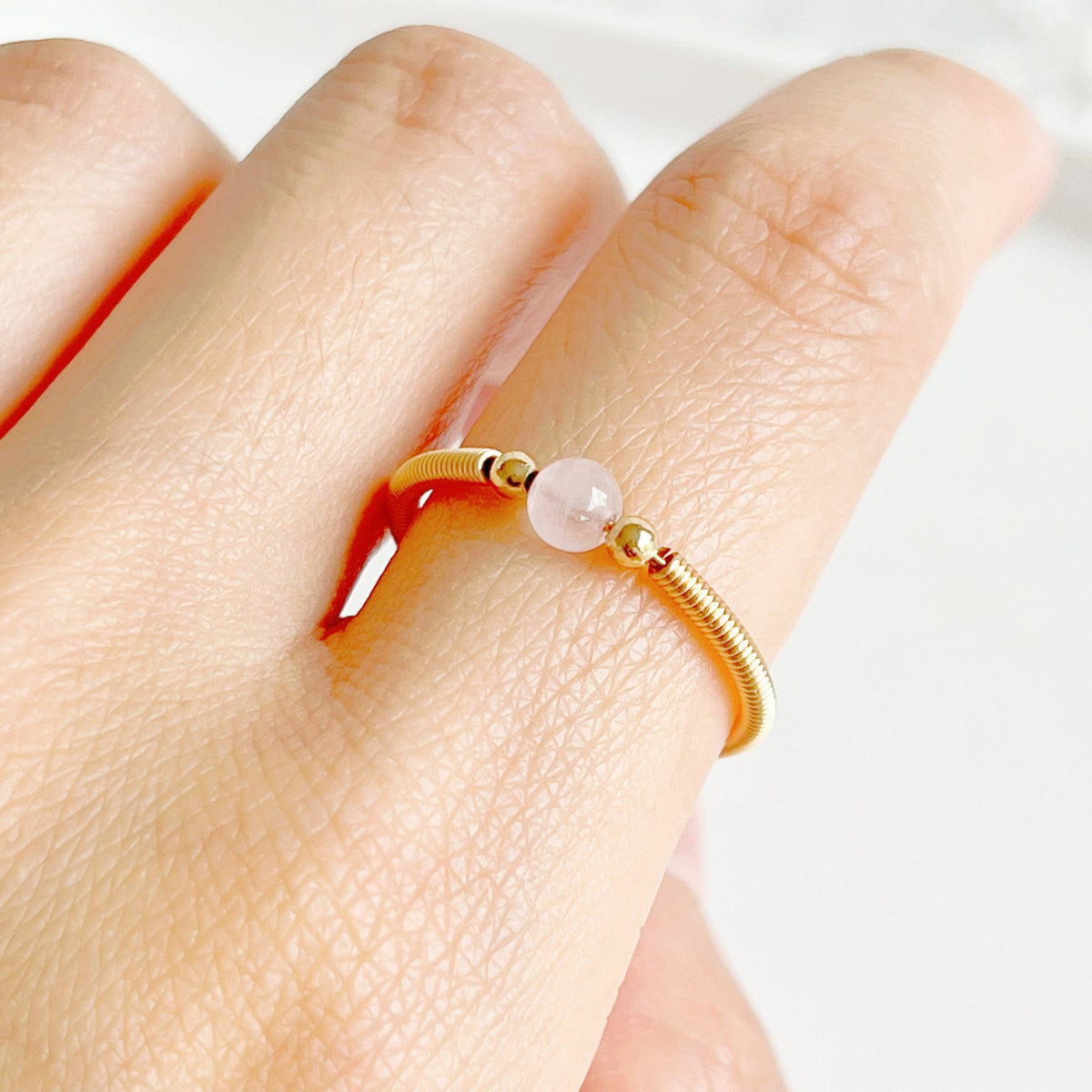 Natural Rose Quartz Bead Adjustable Ring