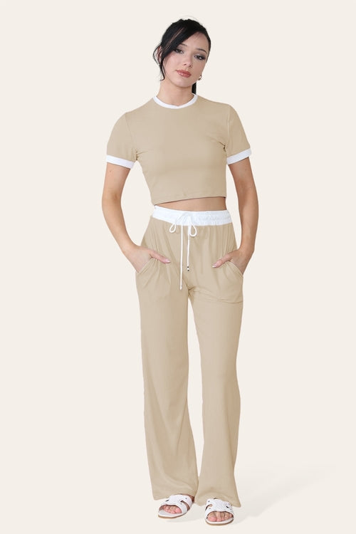 Ribbed Contrast Wide Leg Flared Trousers And Top Loungewear