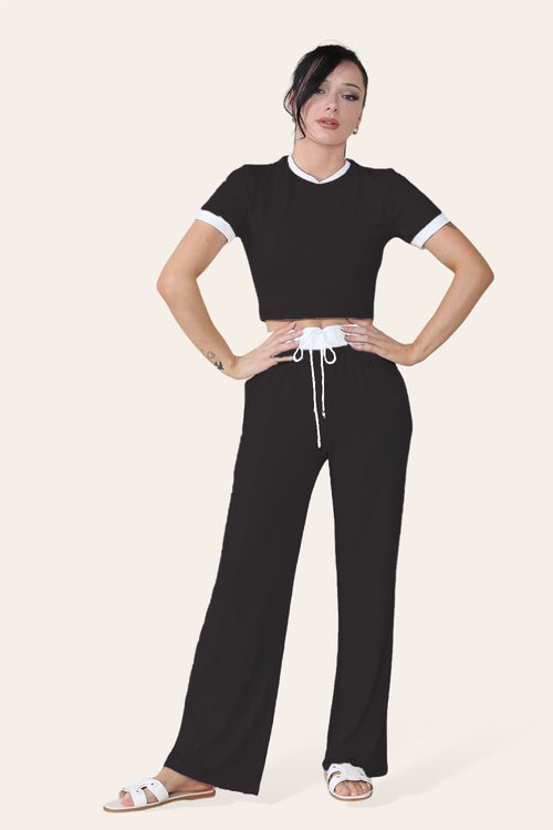 Ribbed Contrast Wide Leg Flared Trousers And Top Loungewear