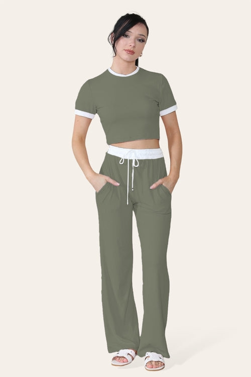Ribbed Contrast Wide Leg Flared Trousers And Top Loungewear
