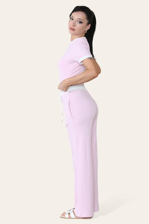 Ribbed Contrast Wide Leg Flared Trousers And Top Loungewear