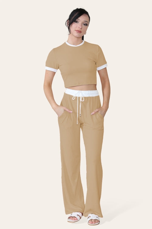 Ribbed Contrast Wide Leg Flared Trousers And Top Loungewear