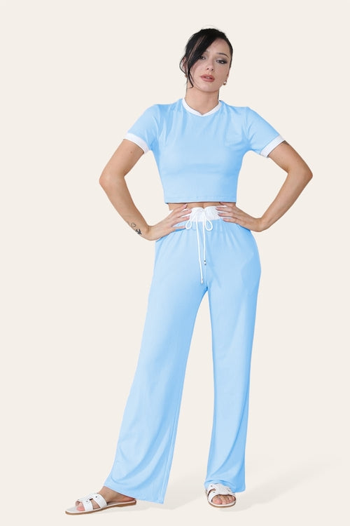 Ribbed Contrast Wide Leg Flared Trousers And Top Loungewear