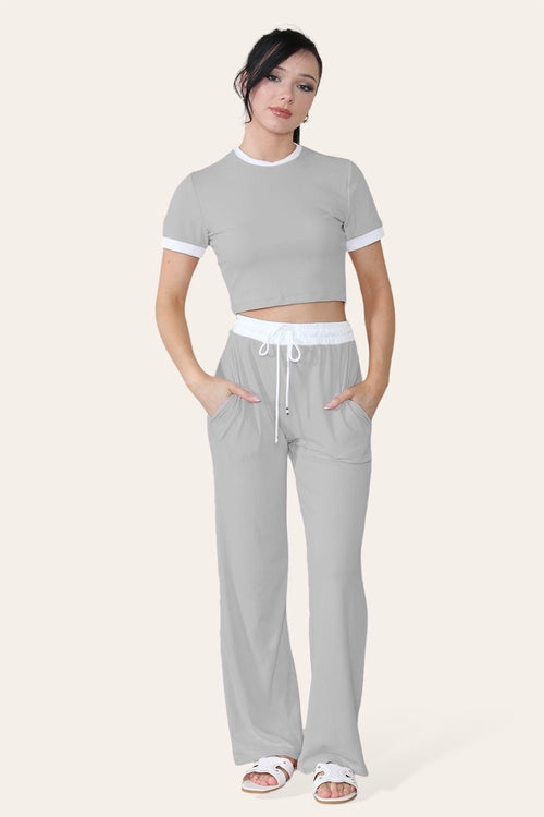 Ribbed Contrast Wide Leg Flared Trousers And Top Loungewear
