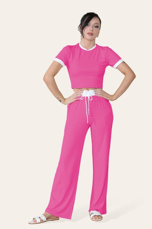 Ribbed Contrast Wide Leg Flared Trousers And Top Loungewear