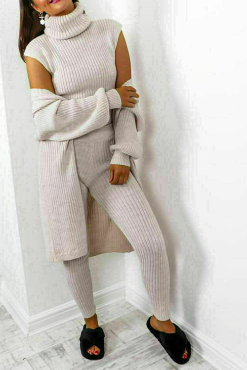 Ladies 3 Piece Suit Roll Neck Chunky Knitted Ribbed Tracksuit Lounge