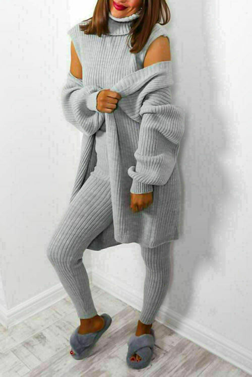 Ladies 3 Piece Suit Roll Neck Chunky Knitted Ribbed Tracksuit Lounge