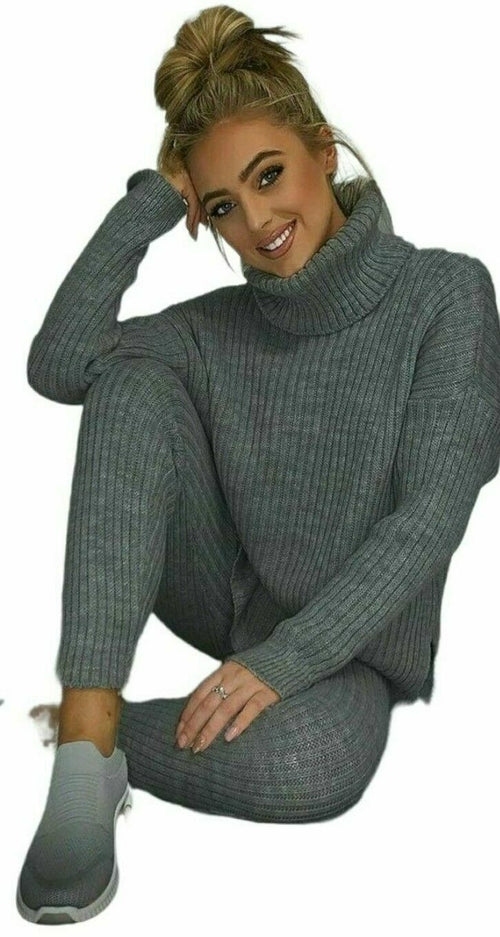 Ladies Chunky Knitted Ribbed Polo High Neck Top Leggings Loungewear