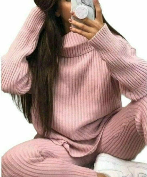 Ladies Chunky Knitted Ribbed Polo High Neck Top Leggings Loungewear