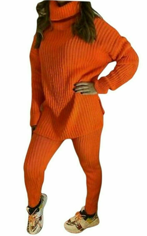 Ladies Chunky Knitted Ribbed Polo High Neck Top Leggings Loungewear