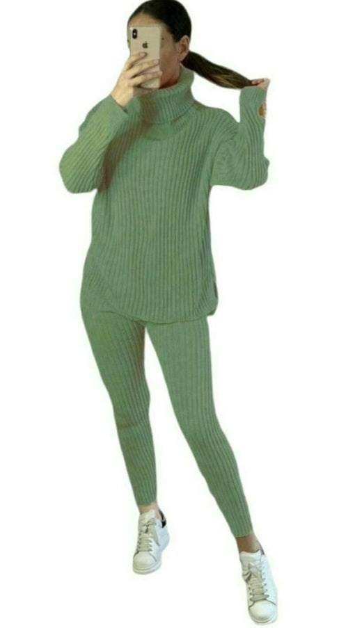 Ladies Chunky Knitted Ribbed Polo High Neck Top Leggings Loungewear