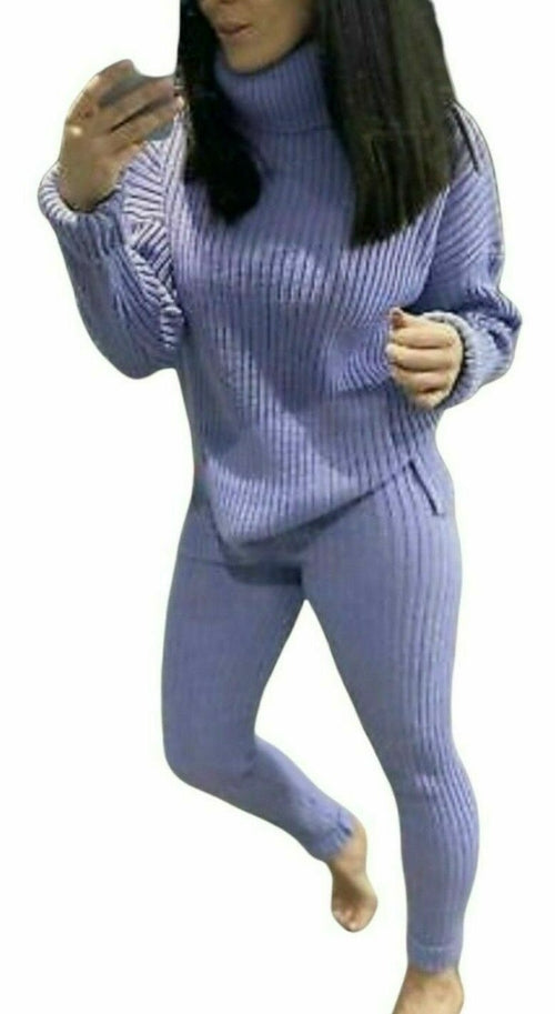 Ladies Chunky Knitted Ribbed Polo High Neck Top Leggings Loungewear