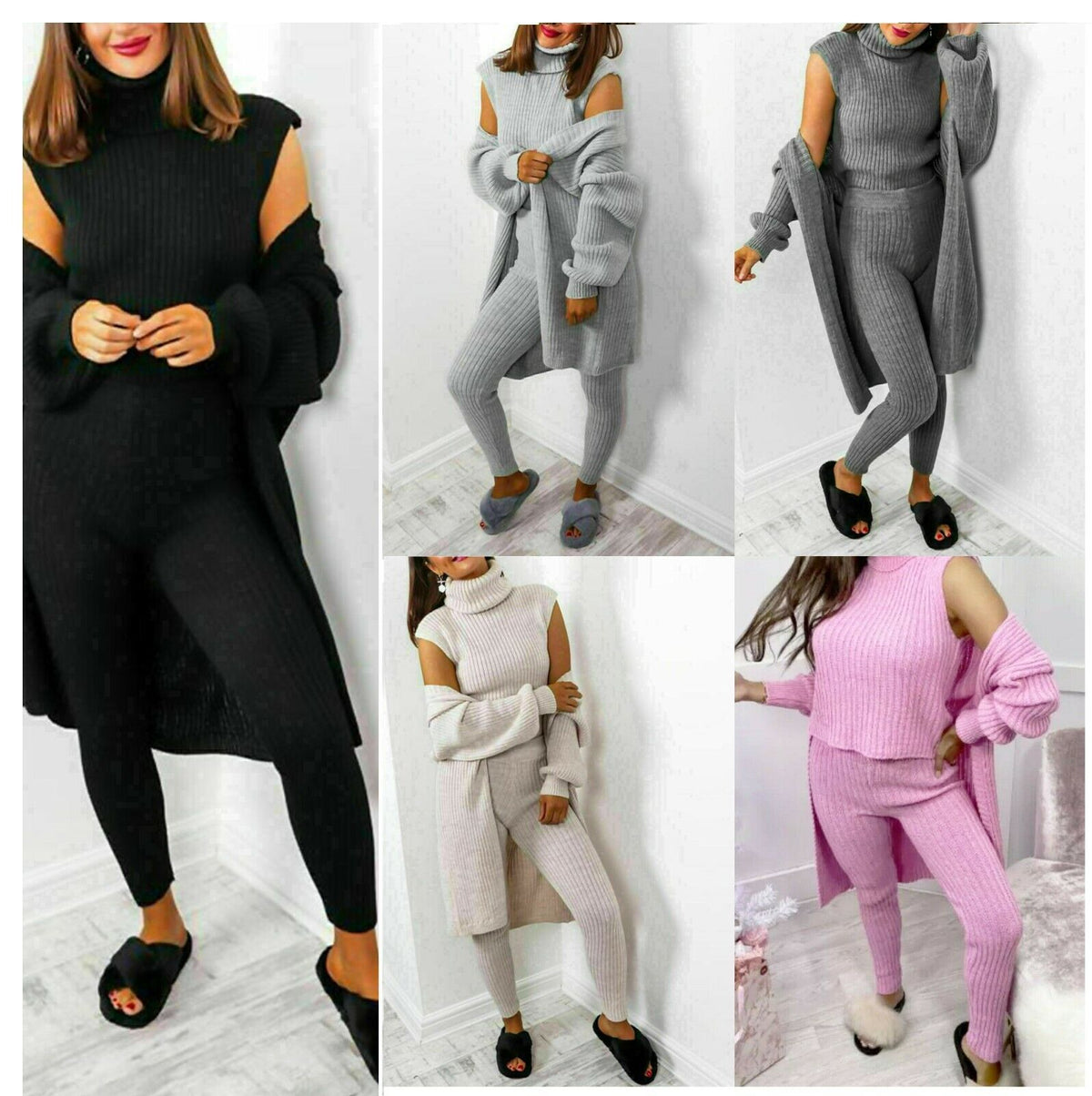 Ladies 3 Piece Suit Roll Neck Chunky Knitted Ribbed Tracksuit Lounge