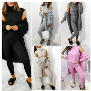 Ladies 3 Piece Suit Roll Neck Chunky Knitted Ribbed Tracksuit Lounge