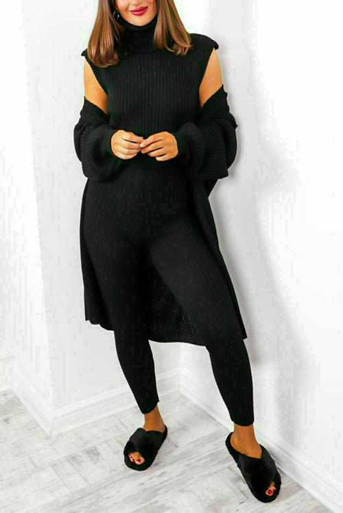 Ladies 3 Piece Suit Roll Neck Chunky Knitted Ribbed Tracksuit Lounge