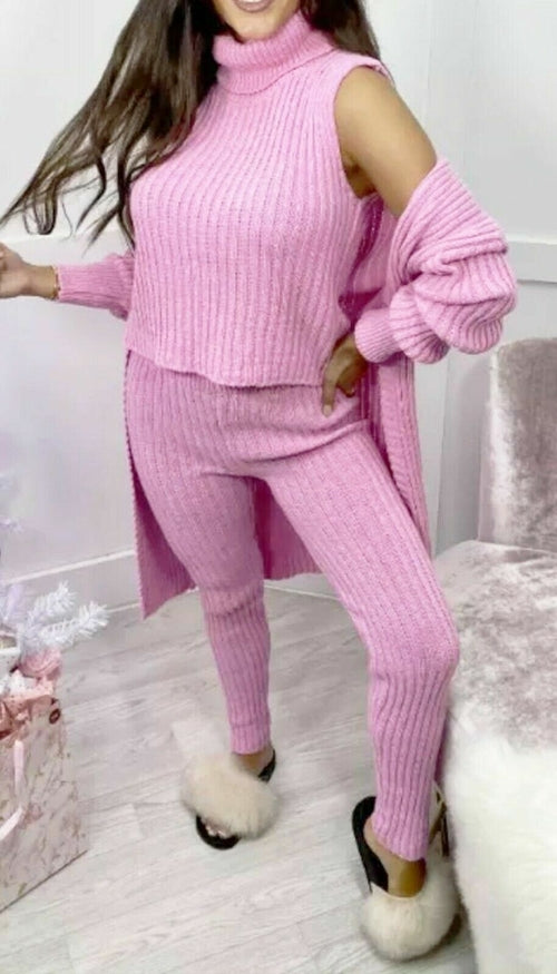 Ladies 3 Piece Suit Roll Neck Chunky Knitted Ribbed Tracksuit Lounge