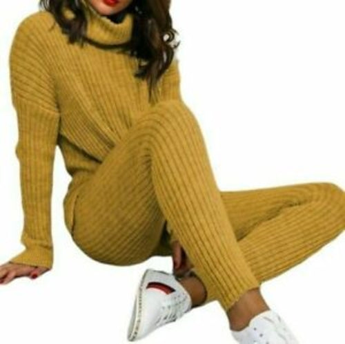 Ladies Chunky Knitted Ribbed Polo High Neck Top Leggings Loungewear