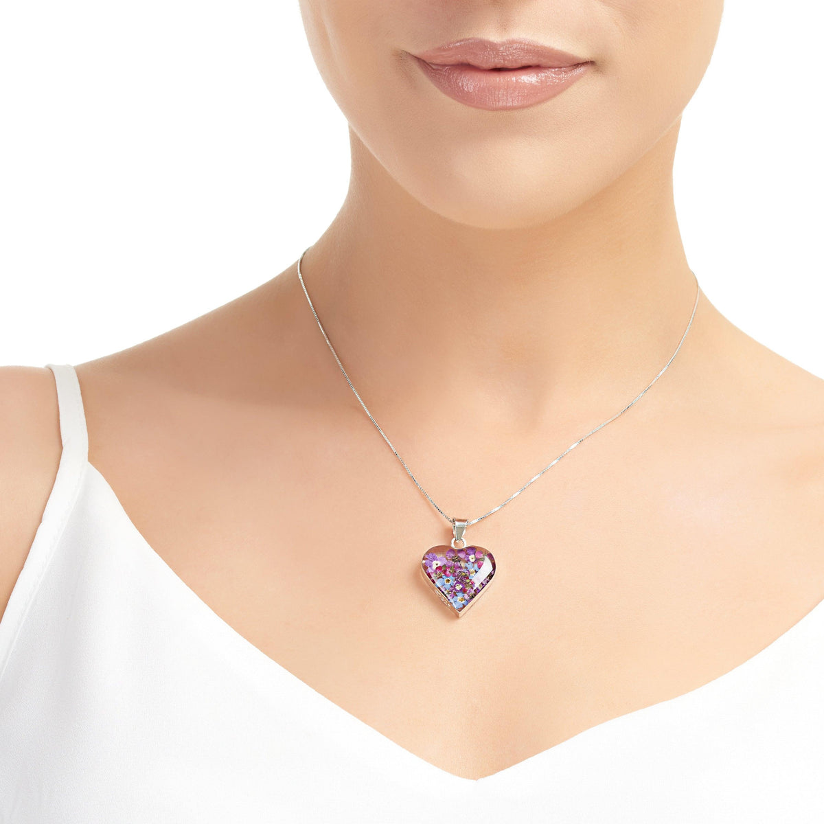 Sterling Silver Heart Pendant with tiny purple flowers - Purple Haze