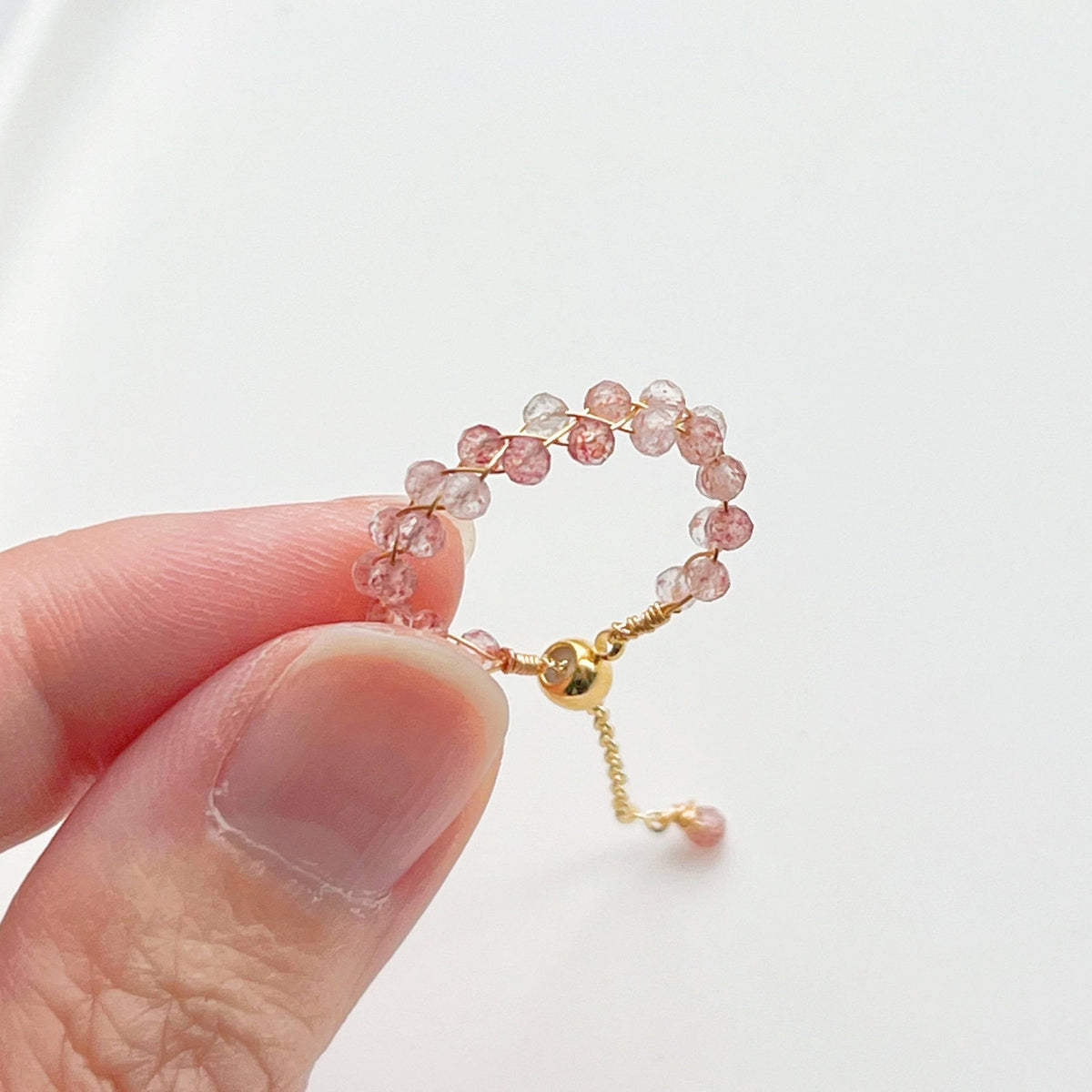 Strawberry Quartz Beaded Adjustable Ring - Stone of Love