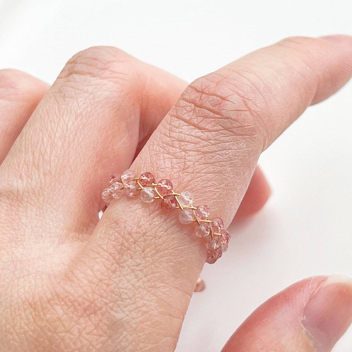 Strawberry Quartz Beaded Adjustable Ring - Stone of Love