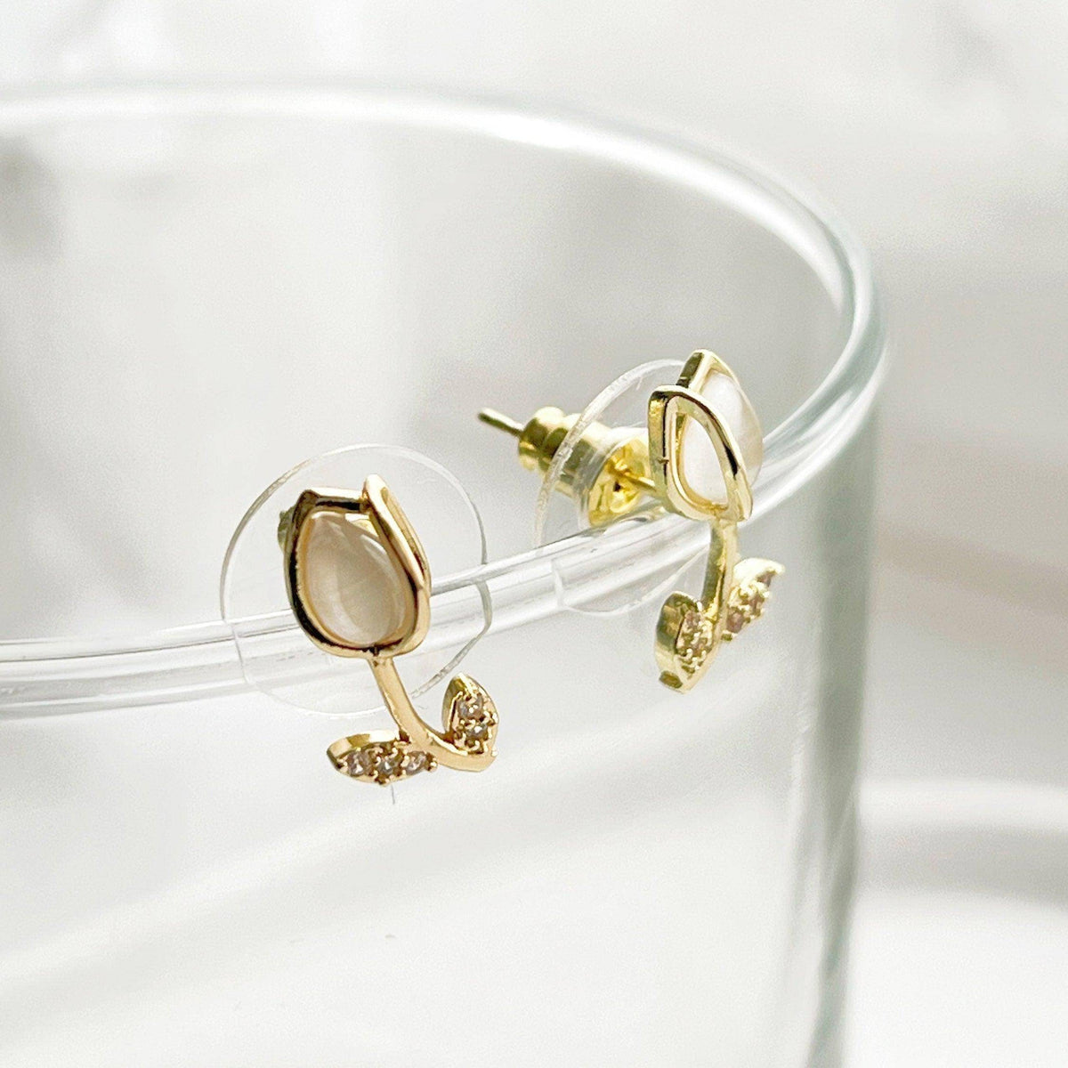 White Tulip Earrings - Flower Shape Crystal with Leave Studs Earrings