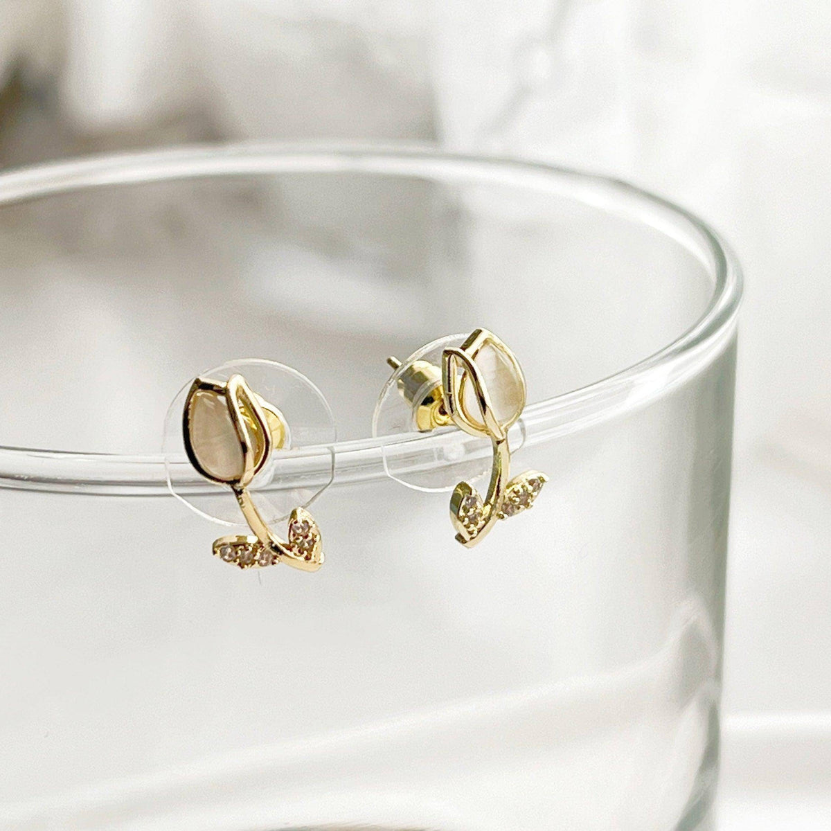 White Tulip Earrings - Flower Shape Crystal with Leave Studs Earrings
