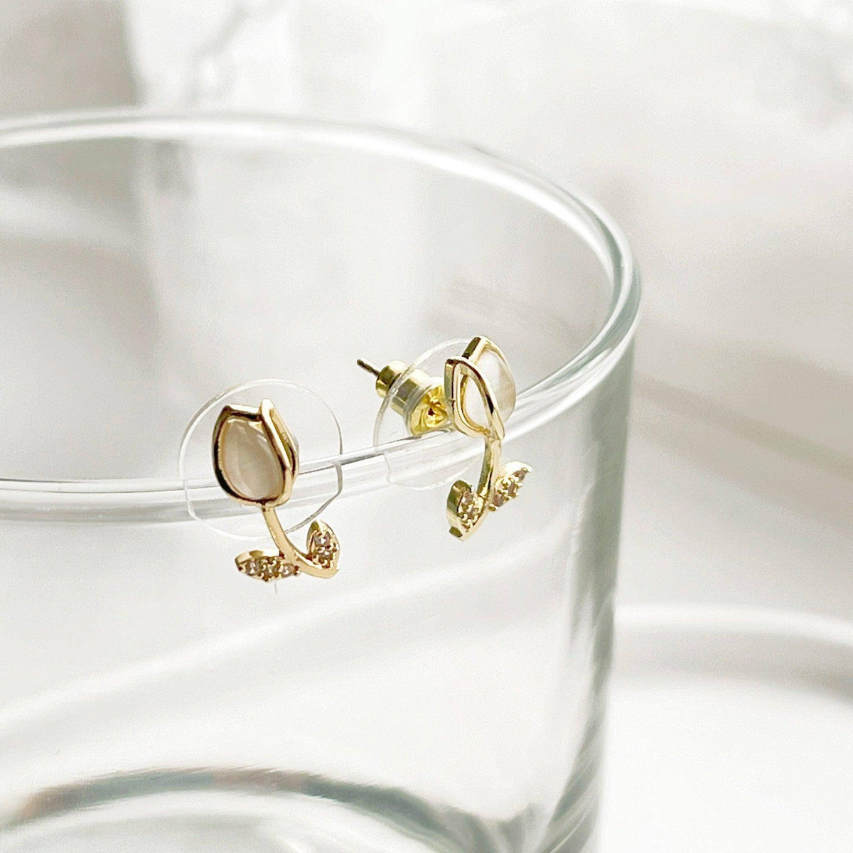 White Tulip Earrings - Flower Shape Crystal with Leave Studs Earrings