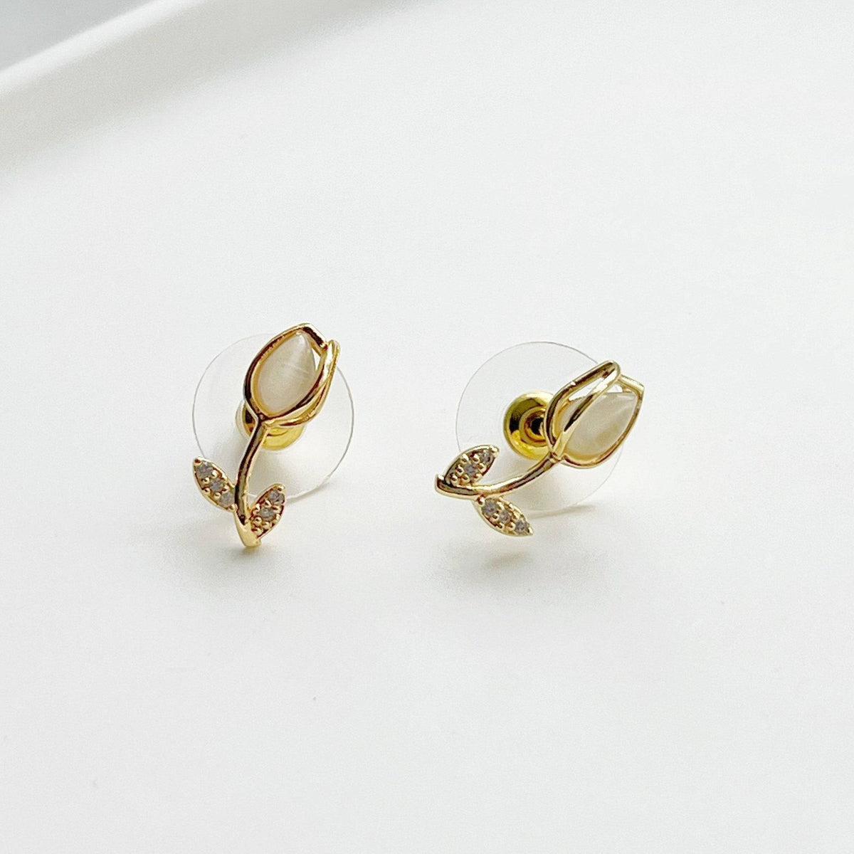 White Tulip Earrings - Flower Shape Crystal with Leave Studs Earrings