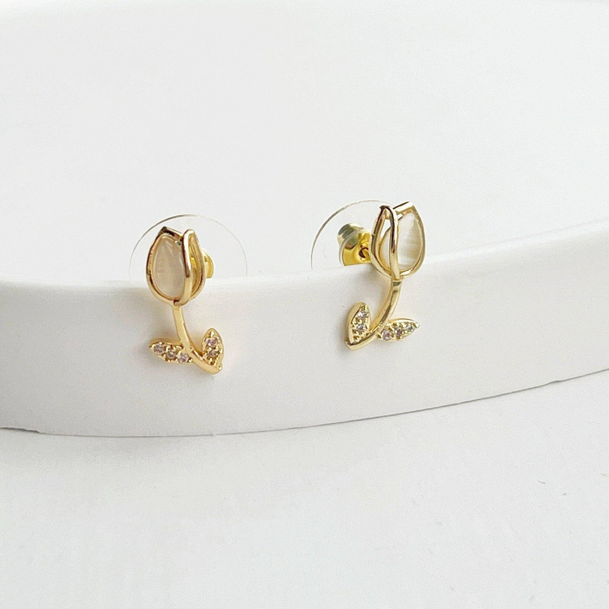 White Tulip Earrings - Flower Shape Crystal with Leave Studs Earrings
